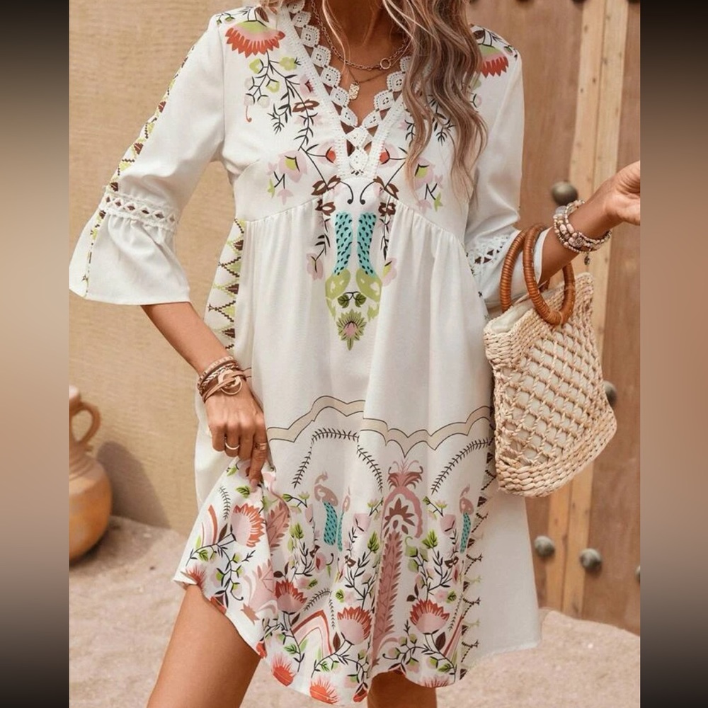 Boho Floral Print Guipure Crochet Lace Flounce Sleeve Dress - Picture 4 of 6